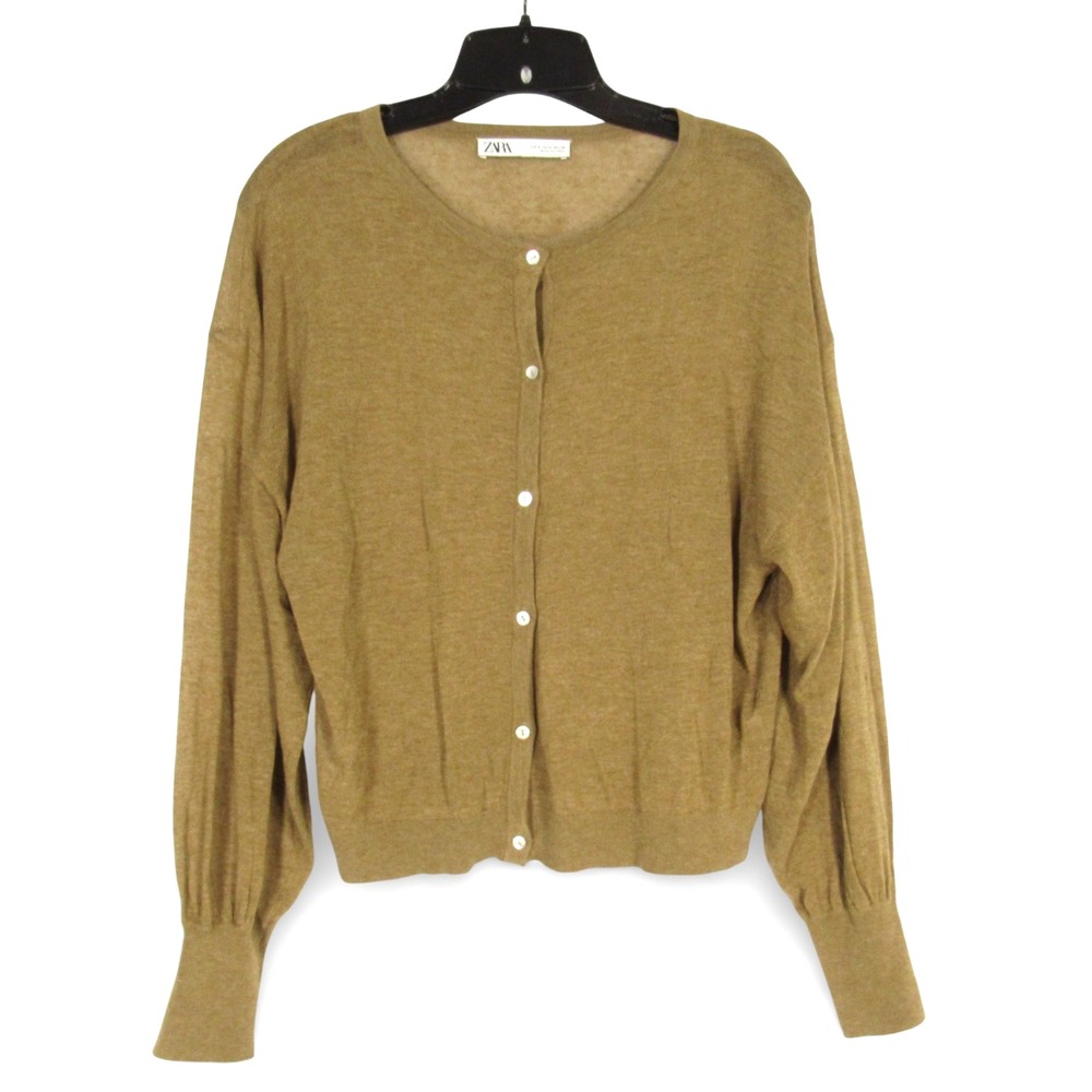 ZARA Lightweight LINEN BLEND Ribbed Knit Trim BUTTON-UP Brown SWEATER CARDIGAN S